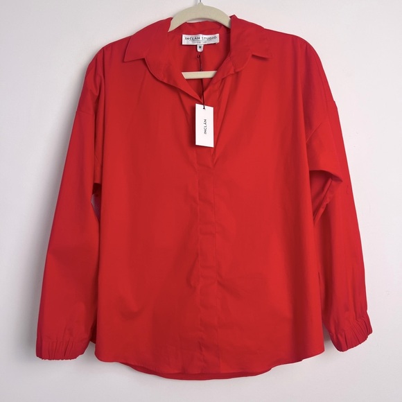 NEW INCLAN Studio Red Cotton Poplin Harden Back Cutout Minimalist Blouse Top M - Picture 1 of 9